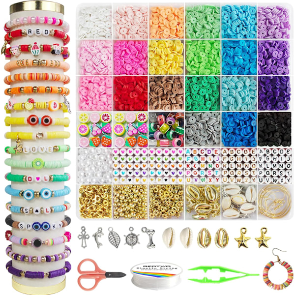 6200 Pcs Clay Beads Bracelet Making Kit, Flat Round Polymer Heishi Friendship Bracelet Jewelry Kit with Charms and Elastic Strings for Girls 8-12 Gi