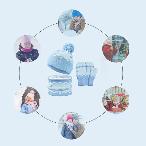 3-delad varm vinterdräkt för barn - unisex-vänlig mössa utan kant, halsduk och handskar, ullfoder, lämplig för 2-4 år blue