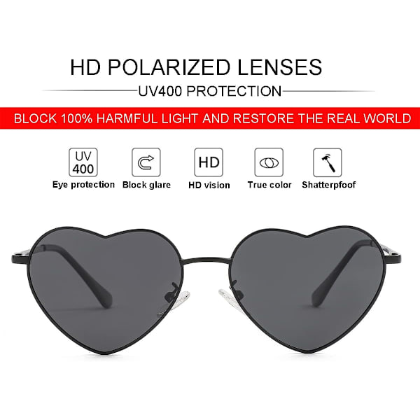 Polariserte hjerteformede solbriller for kvinner, mote, søt stil, metallramme, UV400-beskyttelseslinse Black Grey 54 Millimeters