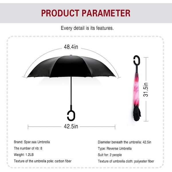 49 tommers omvendt paraply med dobbel baldakin, ekstra stor vindtett og vanntett paraply med C-formet håndtak. Pink Daisies 49 Inch