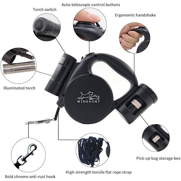 Inntrekkbar hundekobbel med lommelykt, dispenser og hundepose, kraftig nylonbånd for små, mellomstore hunder og katter, enhåndsbrems og lås. 360°Tang black