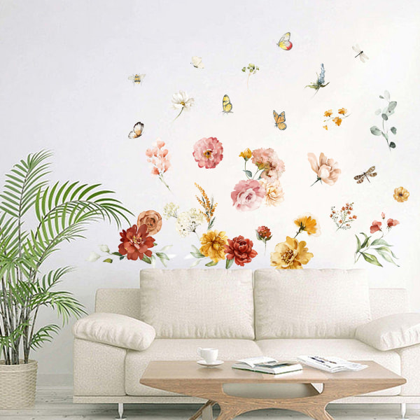 Akvarell Blommiga väggdekaler Trädgårdsblomma Fjärilsskal och stick Väggdekaler för sovrum Vardagsrum TV-vägg
