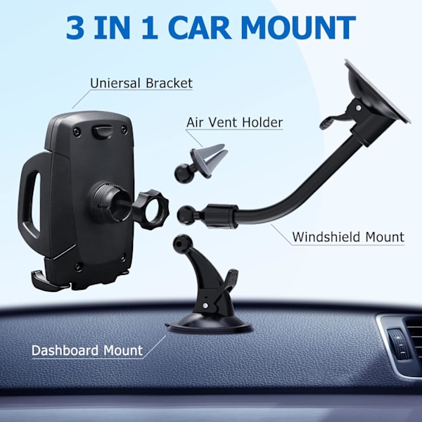 Biltelefonholder, 3-i-1 mobilholder luftventil dashbordmontering frontrute for iPhone Xs Max R X 8 Plus 7 6S Samsung Galaxy S9 S8 Edge S7 S6 LG Black