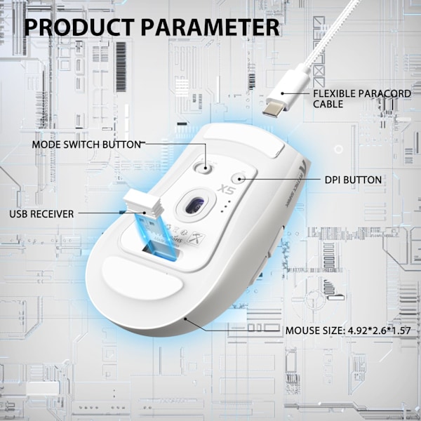 Trådlös Spelmus med Tri-lägen BT 5.1/2.4Ghz/USB-C, Lätt 49g, PAW3212 Optisk Sensor, Uppladdningsbart Batteri, RGB LED Bikake Mus White