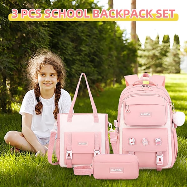 Ryggsäck för flickor, 3-pack set med ryggsäck för flickor med stöldskyddad bakficka, vattentålig toteväska med pennfodral för grundskolan 3pcs Set-pink S