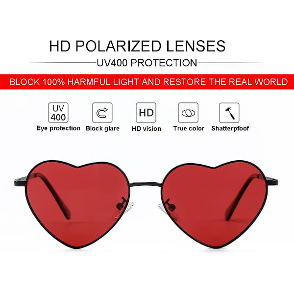 Polariserte hjerteformede solbriller for kvinner, mote, stilig stil, metallramme, UV400-beskyttelseslinse Black Red 54 Millimeters