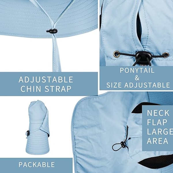 Solhatt for menn og kvinner med nakkeklaff, UPF 50+ UV-beskyttende tur- og fiskehatter, bredbremmet solhatt for kvinner og menn 1pack-blue