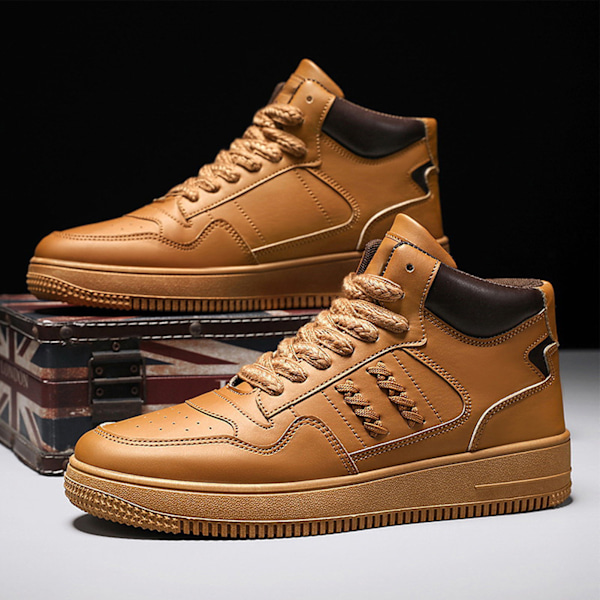 Herr High Top Skor Färgblock PU Läder Ovandel Gummisula Andningsbara Herr Sneaker Skor för Sport Basket Khaki 40