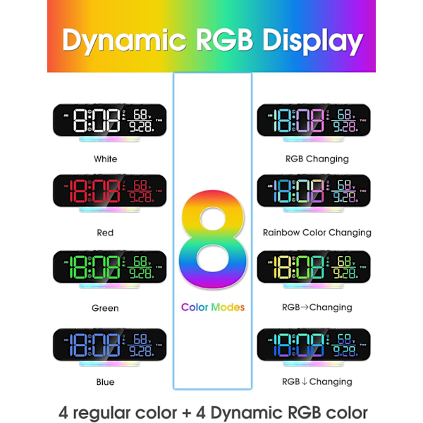 Ekstra høj vibrerende vækkeur med sengevibrator til tunge sovende, hørehæmmede døve, justerbar lydstyrke, dæmper, stort LED-digitalt display med RGB-natlys Black