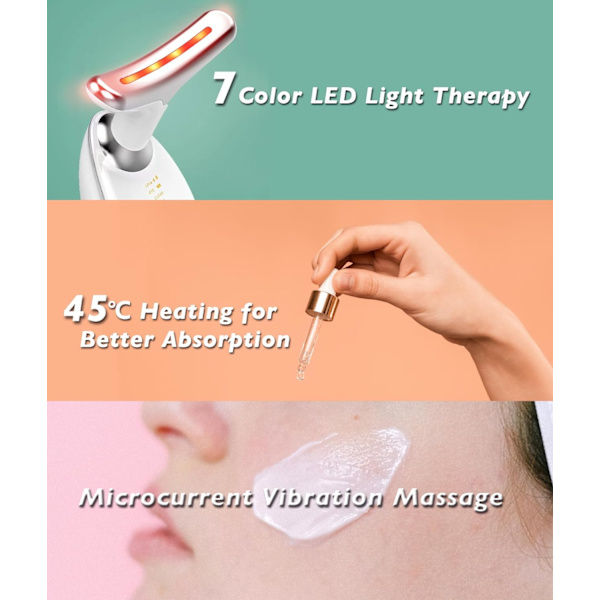 Röd Ljus Terapi för Ansikte och Hals, Röd Ljus Terapi Wand, 7 Färg Led Ansikte Hals Massager för Hudvård, Vit