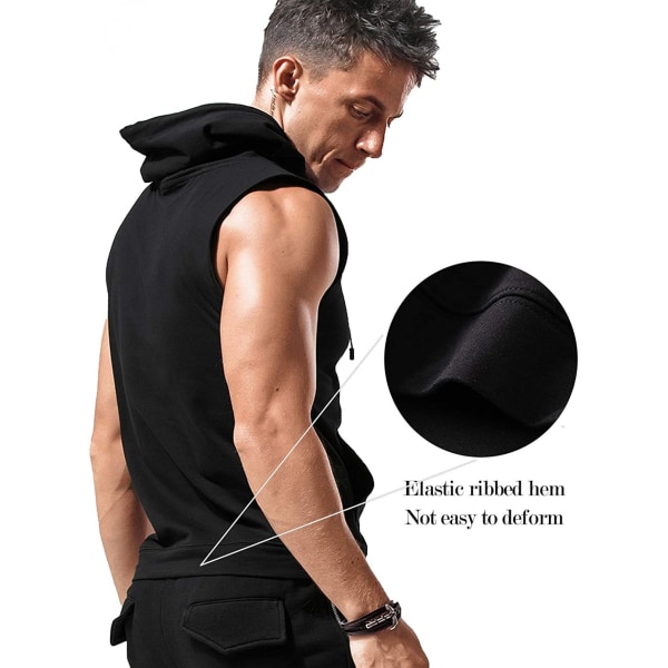 Träningströjor med huva för män Ärmlösa gymhuvtröjor Bodybuilding Muscle ärmlösa T-shirts, svart, S