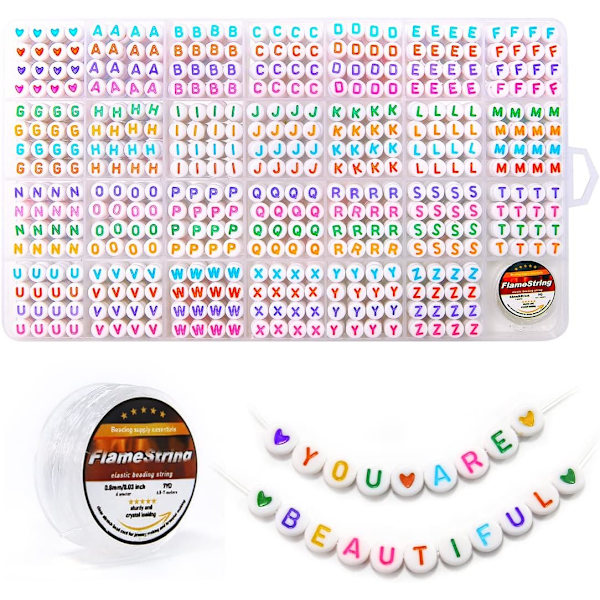 1400 stk. bogstavperler, 4x7 mm perler, perler til smykkefremstilling, perler til armbåndsfremstilling, alfabetperler, i 28 gitterboks (hvid farve) Multi-Colored Letters & White Base