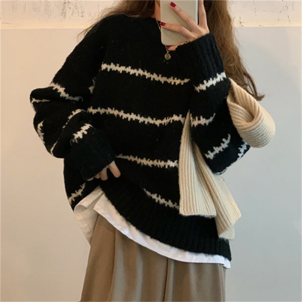Randig tröja Dam Rund Hals Långärmad Pullover Tröjor Höst Vinter