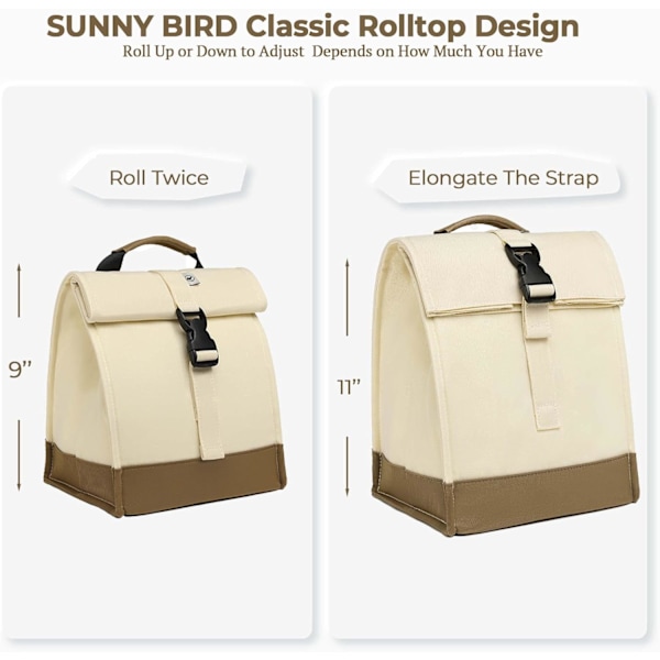 Isolert lunsjpose Rolltop lunsjboks Medium lunsjkjøler Tote for kvinner, jenter, tenåringer og voksne (hvit) White