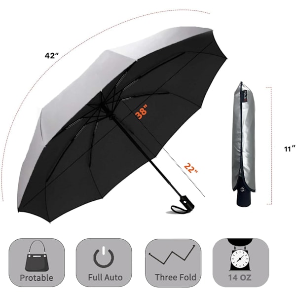 Vindafvisende rejse kompakt paraply - Automatiske paraplyer til regn - Kompakt folde paraply, rejse paraply kompakt, små bærbare vindafvisende paraplyer Silver/Black 42 Inch-1 Pack