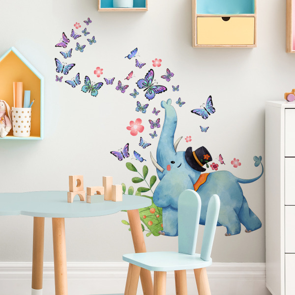Suloiset norsu ja perhonen seinätarrat, irrotettavat kuori ja kiinnitä sarjakuva neutraali vinyyli seinäkoriste lastenhuoneeseen makuuhuoneeseen olohuoneeseen