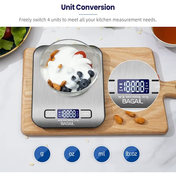 SMDigital køkkenvægt, førsteklasses køkkenvægt i rustfrit stål til madlavning og bagning, 5 kg med 1 g nøjagtighed