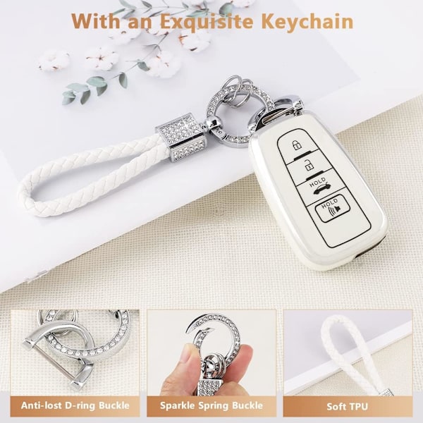 Nøglebeskyttelsescover til Toyota Camry RAV4 Corolla C-HR Avalon Highlander Prius Smart Keys Case Shell Protector Bling Keychain Tilbehør 4 Knapper TPU