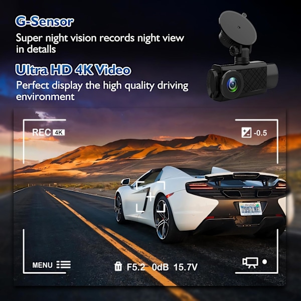 Dash Cam, 3-kanals Dash Cam, 4K+1080P Dash Cam fram och inuti, Trippel Dash Cam för bil, Dashkamera med 32 GB-kort, 2160P Full UHD, G-sensor, 170°