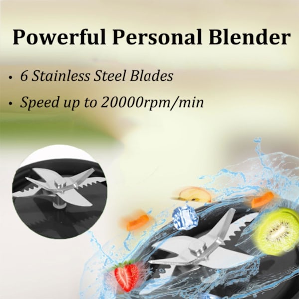 Henkilökohtainen Blender Smoothien ja Shakejen Tekoon, 16 Oz Kannettava Blender 6 Terällä, USB-Latautuva Smoothie Blender Kotiin, Matkalle ja Työhön Black