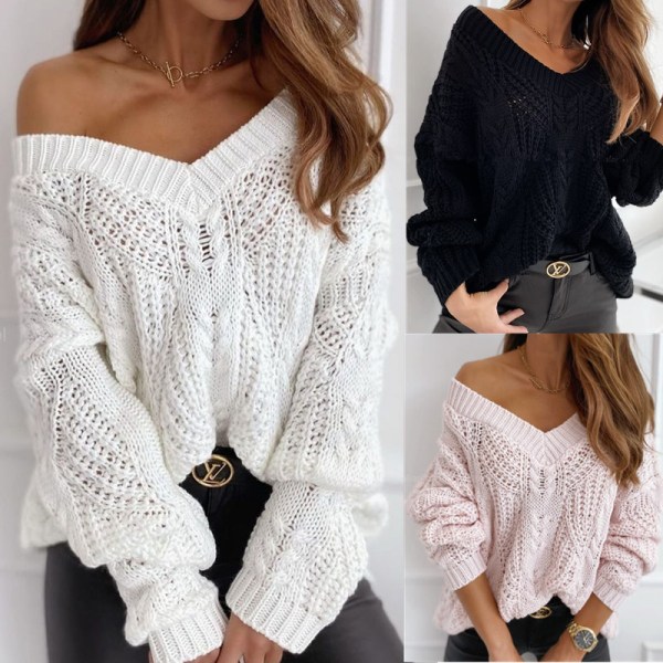 Kvinnor Casual Långärmad Tröjor Rund Halsning Solid Färg Stickad Oversize Pullover Lös Passform Jumper,M