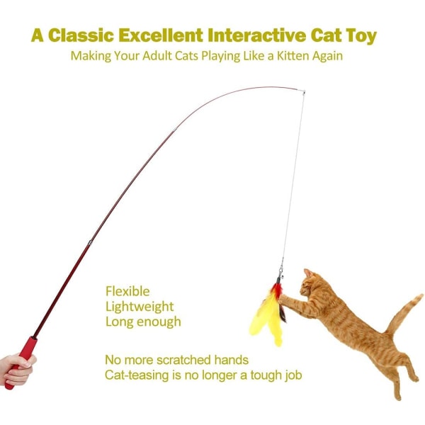 Interaktiva kattfjäderleksaker, 2 st indragbara kattviftande leksaker och 9 st Squiggly Worm Feathers Teaser Refills, katt leksaker för inomhuskatter kattunge lek Chas