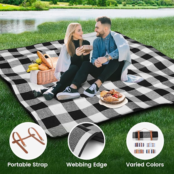 80\"x 80\" Ekstra Stort Picnic Tæppe, Vandtæt og Foldbart Strandtæppe, 3-Lags Udendørs Tæppe til 6 til 8 Voksne, til Camping black and white
