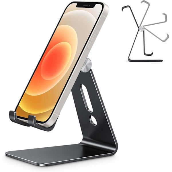 Justerbar mobiltelefonstativ, aluminiumsstativ for skrivebord med sklisikker base og praktisk ladeport, passer til alle smarttelefoner Black