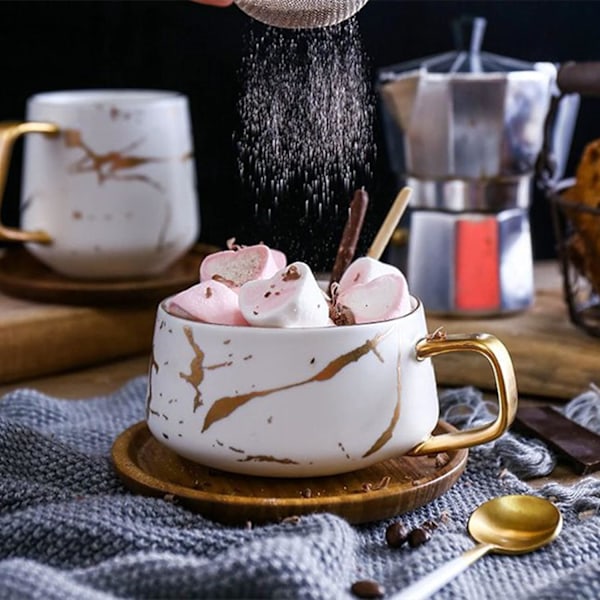 2 Pak Keramik Te/Kaffekop, 10 OZ Kaffeekop med 304 Rustfrit Stål Ske og Bambus Underkop, Marmor Espresso Kopper til Latte, Hvid og Sort