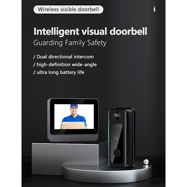 Trådløs videodørklokke - Videosamtalesystem Smart WiFi videodørklokke med 4,3 tommers 1080P HD-skjerm/nattsyn / 170° visningsvinkel