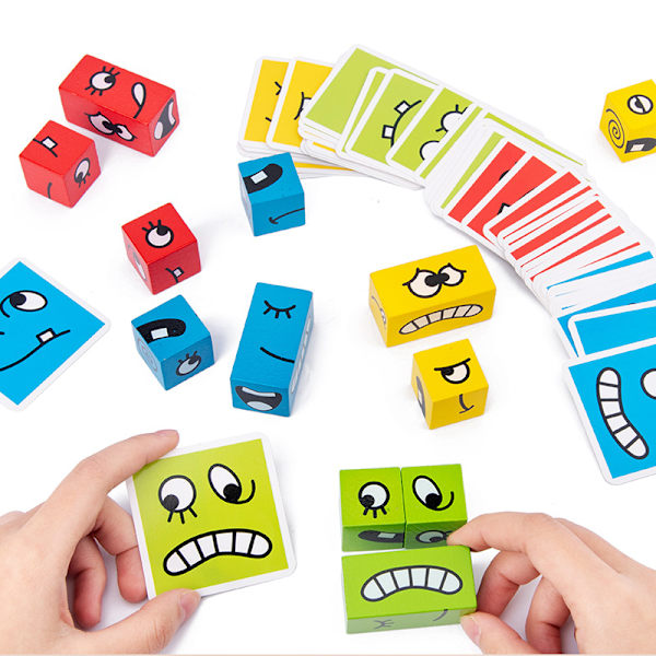 Puisia ilmentävät puiset palapelit, söpöt geometriset emoji-rakennuspalikat, opettavaiset Montessori-lelut