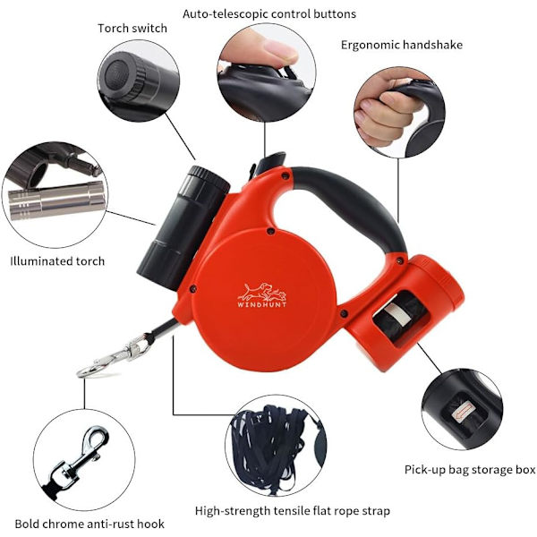 Inntrekkbar hundekobbel med lommelykt, dispenser og hundepose, slitesterk nylonbånd for små, mellomstore hunder og katter, enhåndsbrems og lås. 360°Tang red