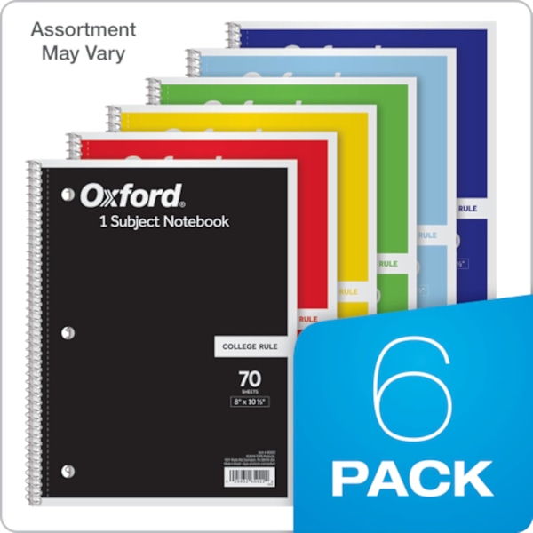 Spiralblock 6-pack, 1 ämne, College-rutad papper, 8 x 10-1/2 tum, Färgsortiment Design kan variera