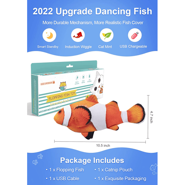 Floppande fisk 10,5\", Uppgraderad för 2022, Rörlig kattkickleksak, Floppy fiskdjurleksak för små hundar, Wiggle fisk kattmyntaleksaker, Motion Kitten,Clownfi
