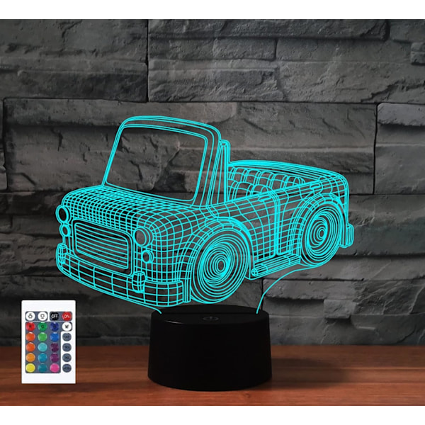 3D Billauto med Fjernkontroll for Barn, 16 Fargede Nattelykter, Illusionsakryl LED Bord- og Nattbordslampe, Barnerom, Skrivebordsdekorasjon, Bursdagsgaver, Leke