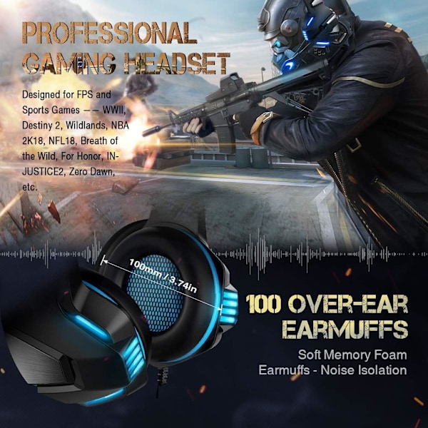 Gaming Headset til Xbox One, PS4, PC, Over Ear Gaming Hovedtelefoner med Støjreducerende Mikrofon LED Lys, Stereo Bas Surround, Bløde Memory Øremuffer til