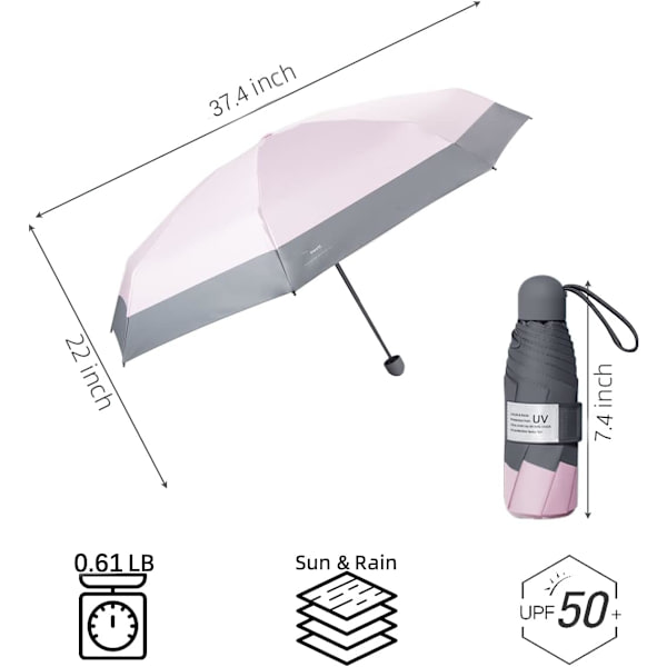 Rejse kompakt paraply, lille paraply til regn og sol, parasol paraply UV-beskyttelse UV-blokering, 8 ribber vindafvisende paraply, let og bærbar paraply Pink