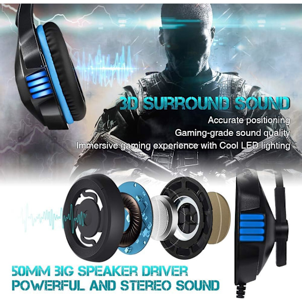 Gaming Headset til Xbox One, PS4, PC, Over Ear Gaming Hovedtelefoner med Støjreducerende Mikrofon LED Lys, Stereo Bas Surround, Bløde Memory Øremuffer til