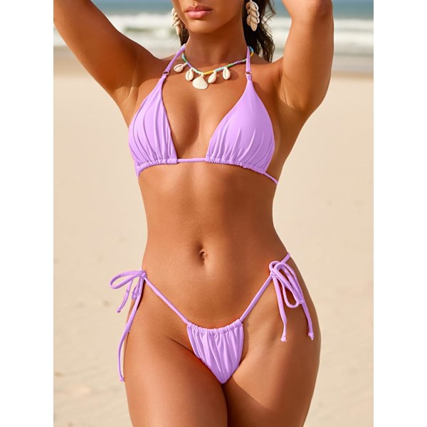 WJSMWomens Triangle Thong Bikini Set Todelt Sexy Cheeky String Halter Badedrakt Badedrakter for Kvinner Purple S