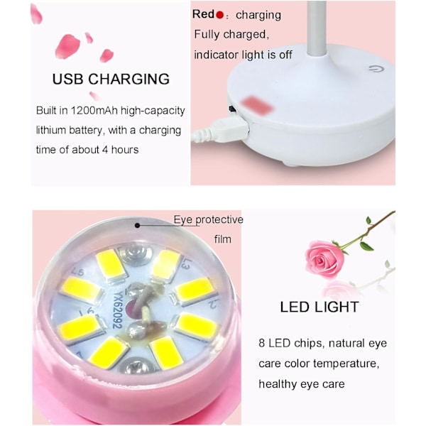 Blomsterbordlampe Stående Rosa Rose LED USB Sengelampe for Stue Kontor Lesing, Kreativ Valentinsdag Bursdagsgave til Elsker Kvinner