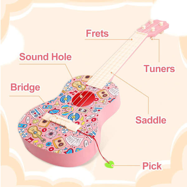 LeeQee 21in Farverig Graffiti Ukulele Guitar til Børn, 4 Strenge Børneguitar Ukulele Musikinstrumenter Lærings- og Legetøj med Plektre