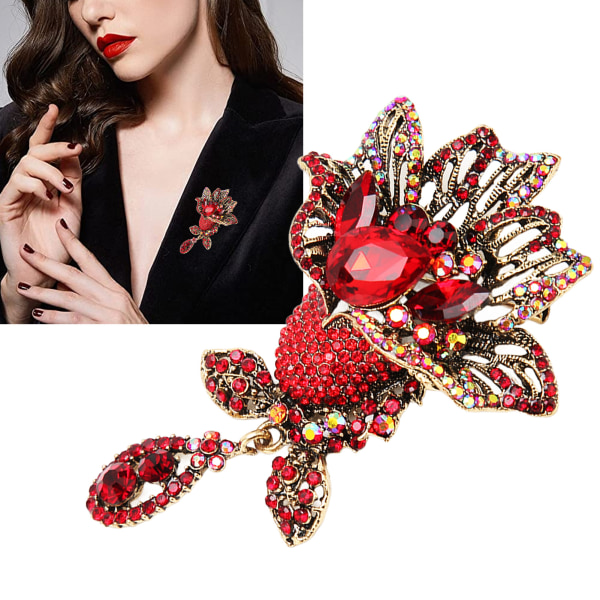 Flower Brooch Pin Women Retro Elegant Exquisite Alloy Red Rhinestone Brooch for Wedding Banquet Party