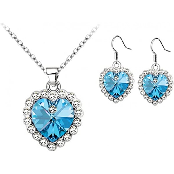 Elegant 3-delad kvinnors kärlek kristall zirkon halsband örhängen set smycken hänge kvinnors bröllop födelsedagsfest möte smycken present (blå)