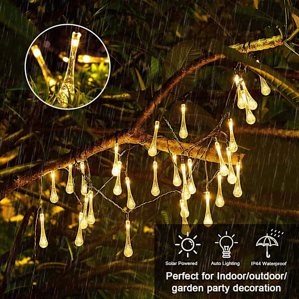 2-pack solcellslampor med vattendroppar, totalt 41,6 fot 60 LED solcellslampor utomhus vattentäta, solcellslampor för trädgårdar uteplats Y Warm White