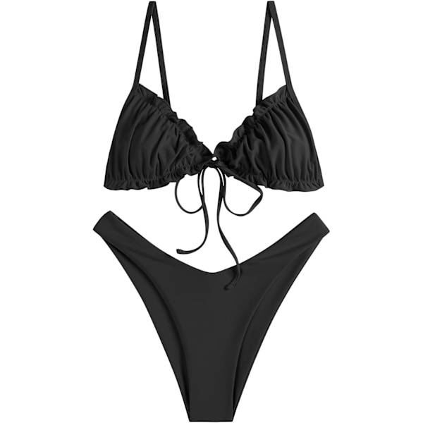 WJSM Damtriangelbikini med blommiga volanger och rosett, tvådelad baddräkt B-black M