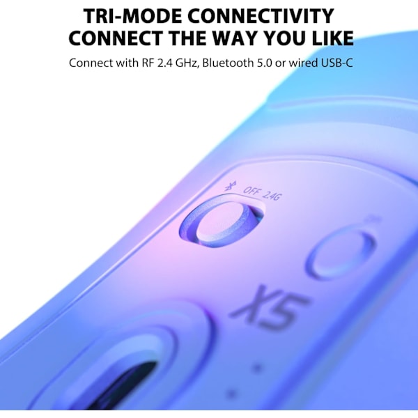 Trådlös Spelmus med Tri-lägen BT 5.1/2.4Ghz/USB-C, Lätt 49g, PAW3212 Optisk Sensor, Uppladdningsbart Batteri, RGB LED Bikake Mus White
