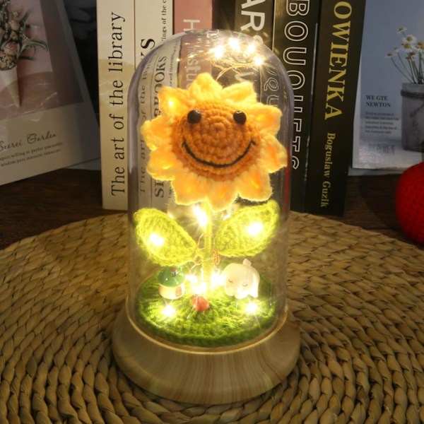 Evige Solsikkegaver til Kvinner, Heklet Kunstig Solblomstdekor i Plastkuppel med LED, til Hennes Mor Morsdag Bursdag