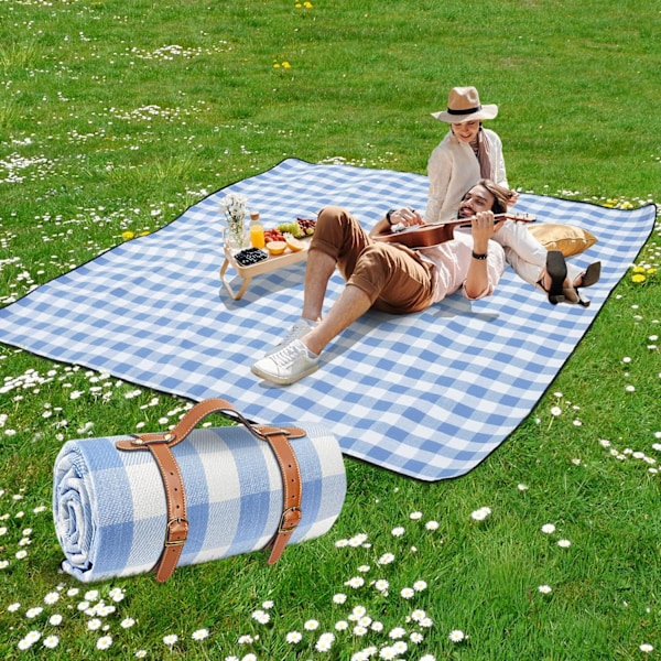 80\"x 80\" Ekstra Stort Picnic Tæppe, Vandtæt og Foldbart Strandtæppe, 3-Lags Udendørs Tæppe til 6 til 8 Voksne, til Camping, blue and white