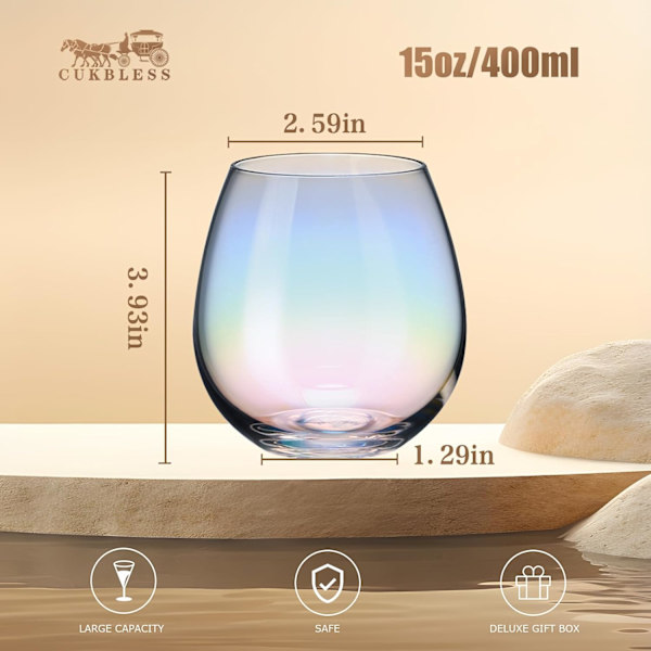 Set med 6 stjälklösa vinglas, iriserande vinglas för rött eller vitt vin, 15 ounce Iridescent NO