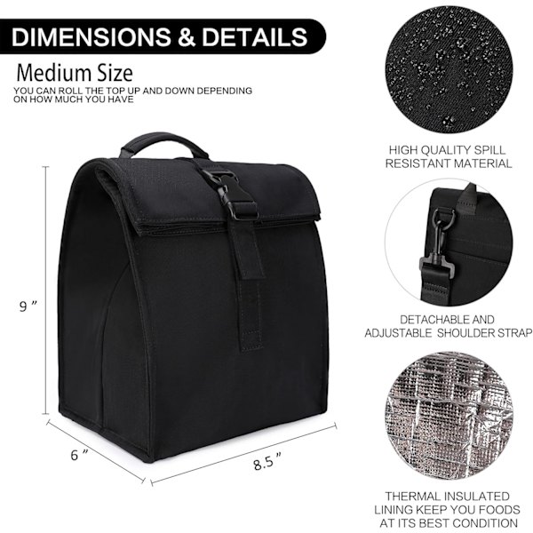 Isolert lunsjpose Rolltop lunsjboks for kvinner, menn, voksne og tenåringer (svart) Black